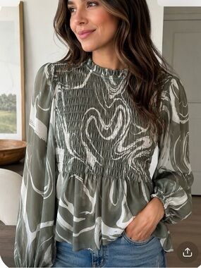 JODIFL Olive & Cream Abstract Smocked Peplum Blouse